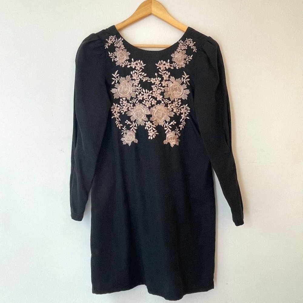 Black Soft Denim Dress with Floral Embroidery - Long Sleeve - V-shaped back cut